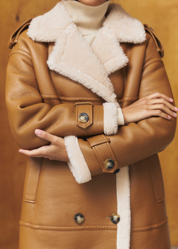 Wool sheepskin coat in caramel color