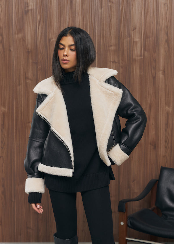 Black cropped sheepskin coat