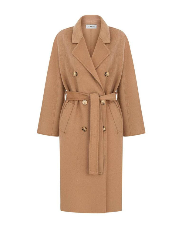 Double-breasted coat in camel color