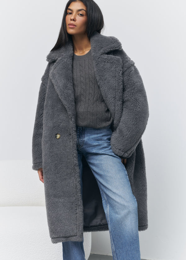 Teddy Bear fur coat made of natural wool in grey color