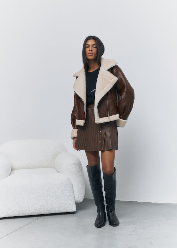 Brown cropped sheepskin coat