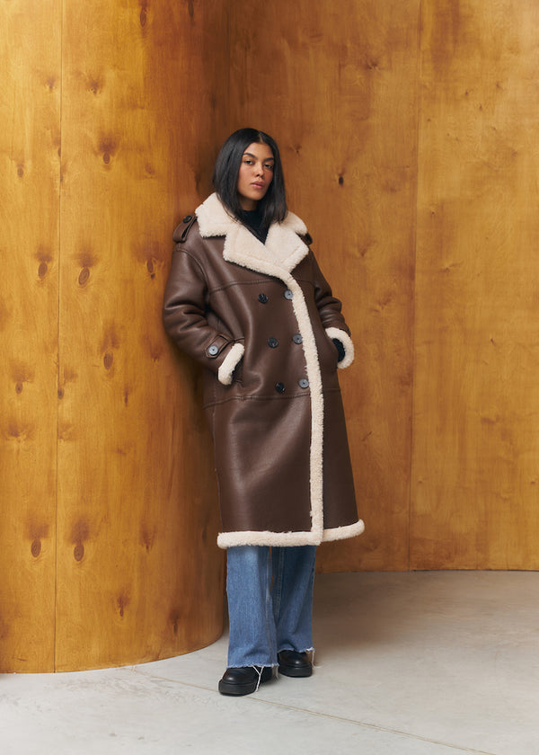 Wool sheepskin coat in brown color