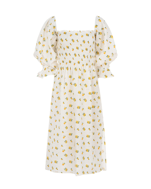 White midi dress with yellow flowers