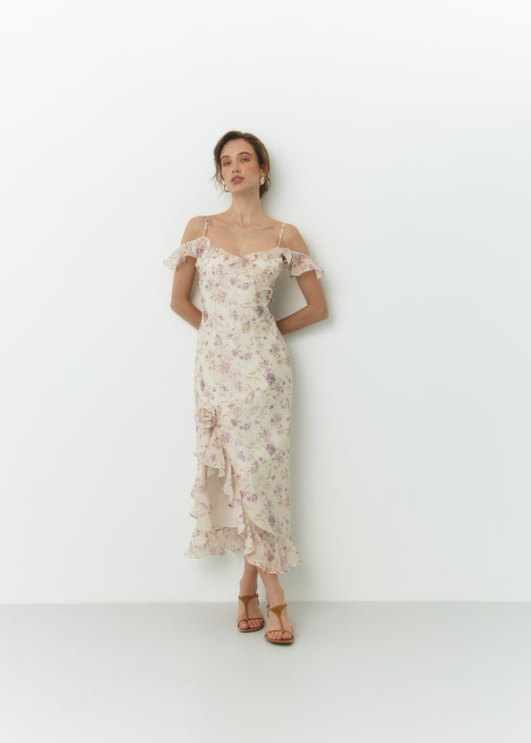 Strapless dress with purple floral print