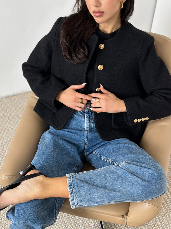 Wool jacket with gold buttons in black